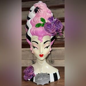 Bella Lux Bride of Frankenstein Bust w/Pink Black & White Hair, Spider Earrings